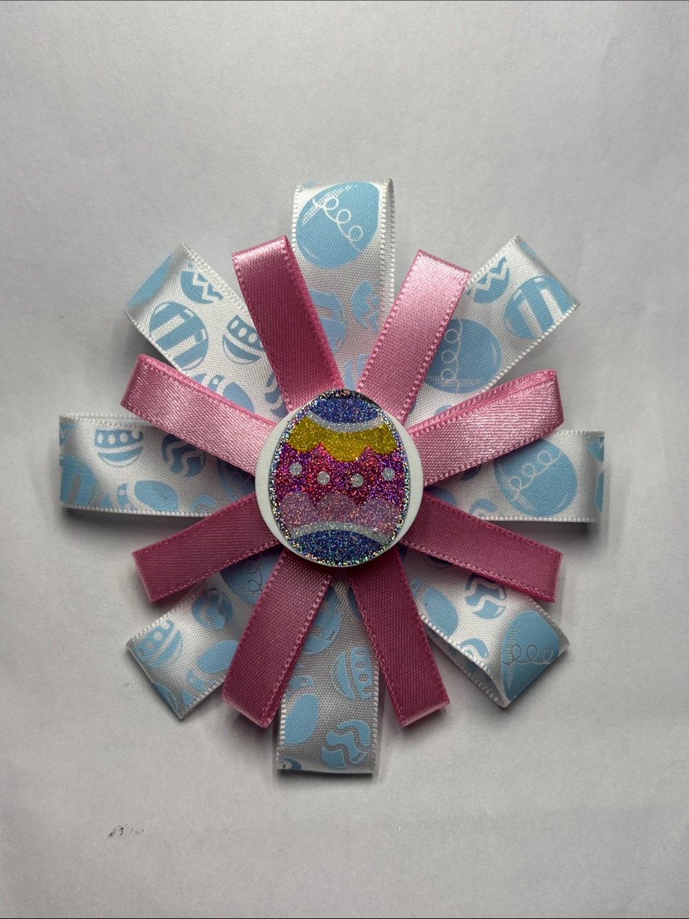 Pink & Light Blue Easter Ribbon Hair Bow with Glitter Egg Accent